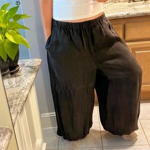 Women's Black Brown Silk Cotton Harem Wide-Leg Elastic Waist Asian Pattern Pants